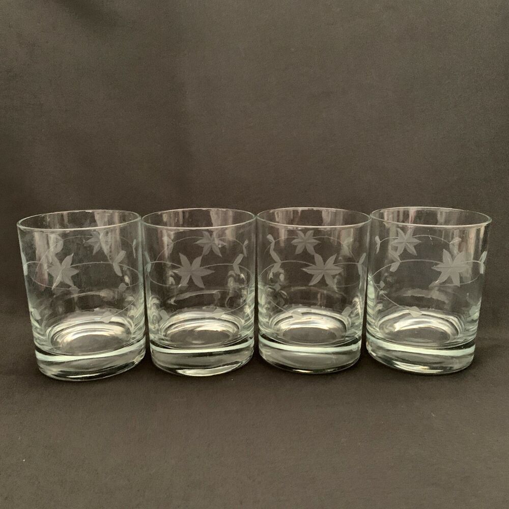 Double Old Fashion Clear Glass Glasses Etched Leaves Lot of 4